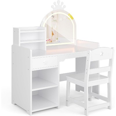 Kids Vanity, 2 in 1 Princess Makeup Vanity Desk Toddler Vanity Table & Chair Set with Open Bookshelf, Storage Cabinet & Shelves for Girls