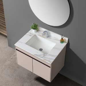 KWPZQEB Marble Vanity Top, with Undermount Rectangular Middle Sink and 4" Height Backsplash, 1 Predrilled Centerset, Carrara white with veins - 1 of 4