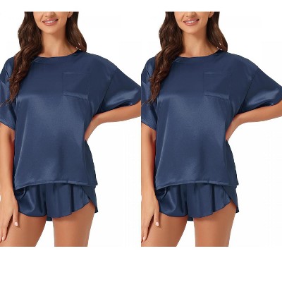 INSPIRE CHIC Women's 2 Pcs Lounge Sets Satin Silky Short-Sleeve Tee with Side-Slit Elastic Shorts Sleepwear