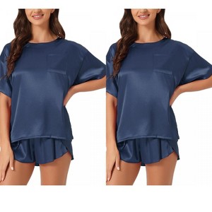 INSPIRE CHIC Women's 2 Pcs Lounge Sets Satin Silky Short-Sleeve Tee with Side-Slit Elastic Shorts Sleepwear - 1 of 4