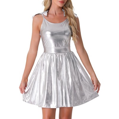 Allegra K Women's Metallic Spaghetti Strap A-Line Sleeveless Party Club Mini Dress