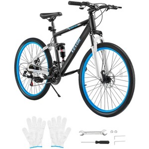 VEVOR Mountain Bike, 26-inch MTB Bicycle with Full Dual Suspension, 21-Speed ​​Twist Shifter,Dual Disc Brakes, Aluminum Alloy Frame , Black&Blue - 1 of 4