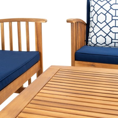 Rocklin Natural Acacia 4-Person Outdoor Conversation Set with Navy Cushions