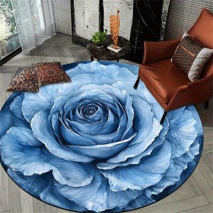 Lomsoe 1pc Blue Rose Round Flannel Soft Non-Slip Machine Washable