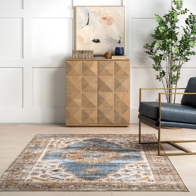 Gracie Brown and Ivory Medallion Washable Synthetic Rug