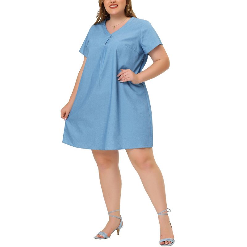Agnes Orinda Women's Plus Size Solid Pleat Short Sleeve V Neck Chambray A Line Dresses, 2 of 6