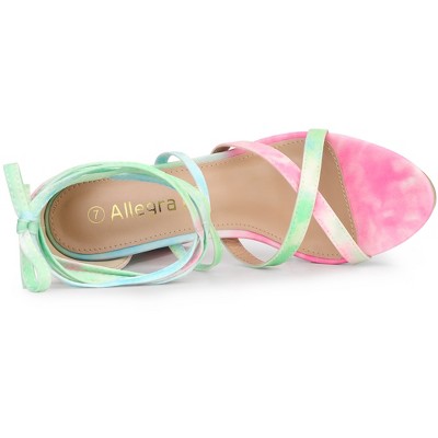 Allegra K Women's Tie-Dye Platform Sandals - Chunky Heel, Lace-Up Ankle Tie, 4 5/7\" Heel, Black Multi-Color, Size 10 M US - View #9