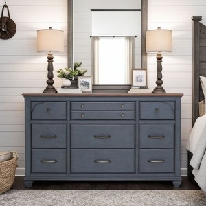 ORRD 9-Drawer Dresser, No Assembly Required, Fully Assembled Corduroy Blue Chest with Soft-Close Drawers & Felt Lining, 66" Wide - 1 of 4