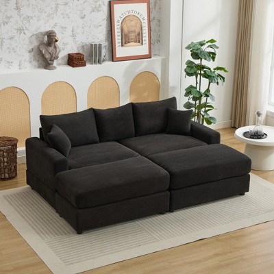 Oversize 82" Corduroy Upholstery Sectional Sofa Bed with 2 Pillows and 2 Movable Ottoman