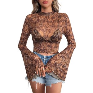 Women's Floral Bell Sleeve Crop Tops 70s Mesh Vinatge Western Country Concert Blouse  Lettuce Trim Mock Neck T Shirt - 1 of 4