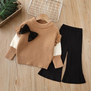 MyKids-USA Baby Solid Color Bow Patched Sweater With Pants Sets - 1 of 4