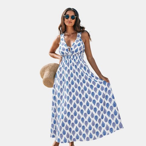 Женские платья Cupshe Women's Breezy Blue Leaf Print Maxi Beach Dress-L-Blue