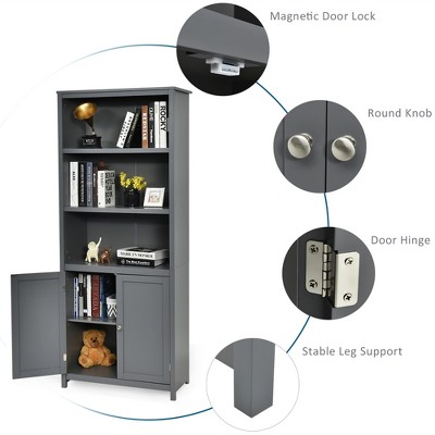 Gray Adjustable MDF Bookcase with Doors and Shelves
