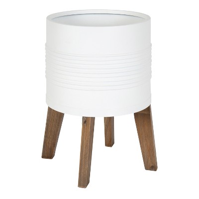 White Metal Planter with Natural Wood Stand, 11.25" Diameter