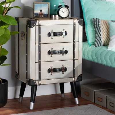 Vintage Industrial Antique Silver 3-Drawer Nightstand with Rivet Details
