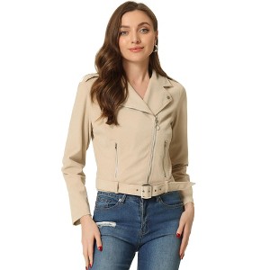 Allegra K Women's Notched Lapel Zip Up Long Sleeve Motorcycle Corduroy Jacket - 1 of 4