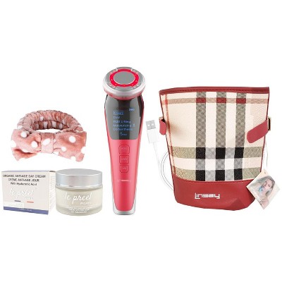 LINSAY Rejuvenation-Lifting Device EMS Technology Warm/Cool LED Facial Massage SPA Bundle w/ Le preel Organic Day Time Cream USB Cable Headband & Bag