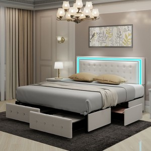CAVINAS Full/King Size Modern Platform Bed Frame with LED Lights Headboard & 4 Storage Drawers,No Box Spring Needed - 1 of 4
