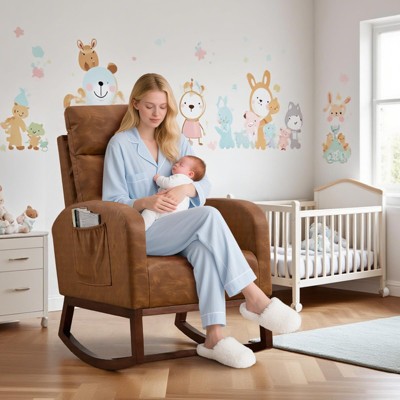 Rocking Chair Nursery, Modern Upholstered Glider Rocker Side Pocket, High Backrest Padded Seat Accent Armchair for Living Room,Bedroom