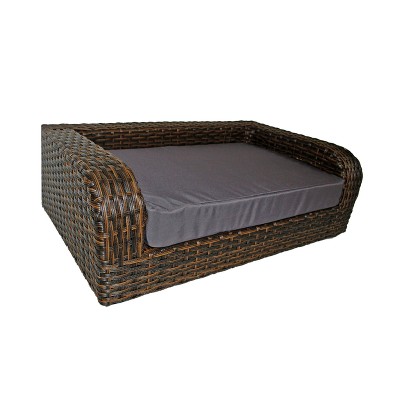 Large Brown Rattan Pet Sofa with Gray Cushion
