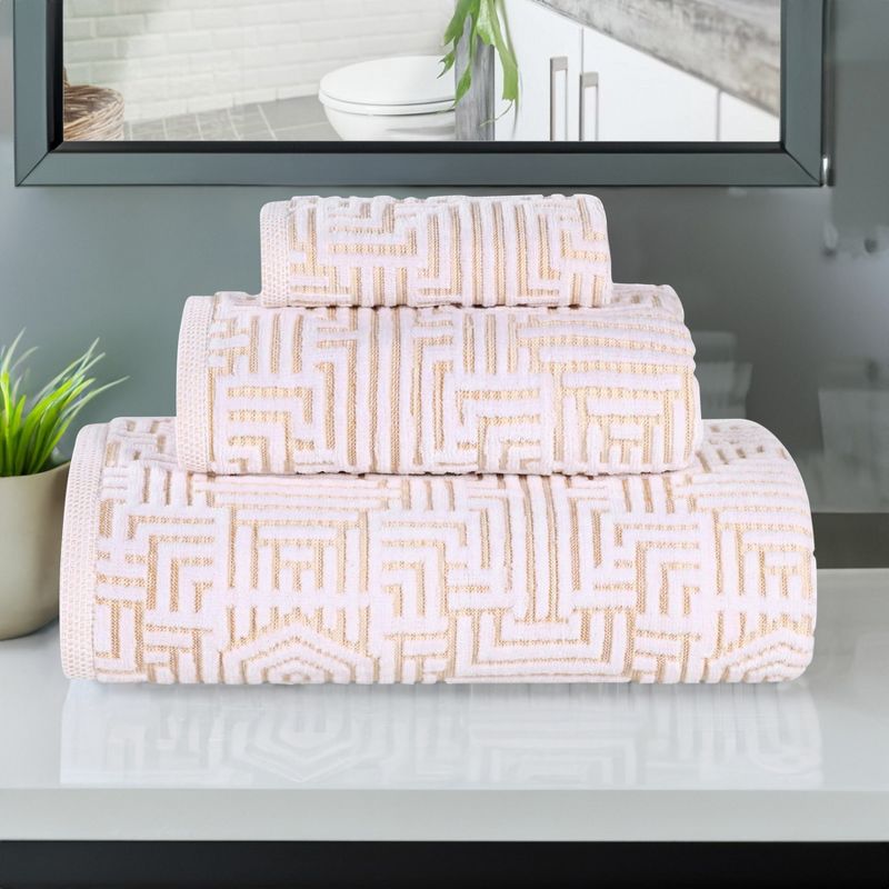 Cotton Modern Geometric Jacquard Soft Highly-Absorbent Assorted 3 Piece Bathroom Towel Set by Blue Nile Mills, 2 of 10