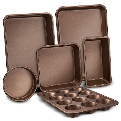 NutriChef Kitchen Oven Non Stick Carbon Steel Tray Sheet 6 Piece Bakeware Set with Cookie Tray, Cake Pan, Muffin Pan, Bread Loaf Pan, and More, Gold