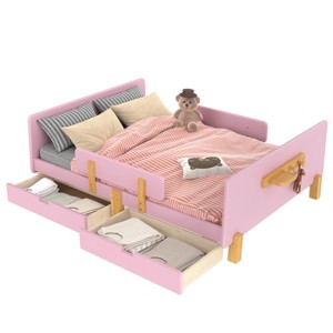 TopComfy Beds Full Size Platform Bed with Storage Drawers Solid Wood Beds Frame with Bed Guardrail for Bedroom, Pink, 78.74"*59.06"*23.23" - 1 of 4