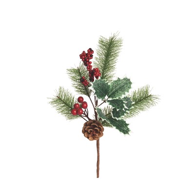 Transpac Artificial 14 in. Green Christmas Pinecone Berry Holly Pick