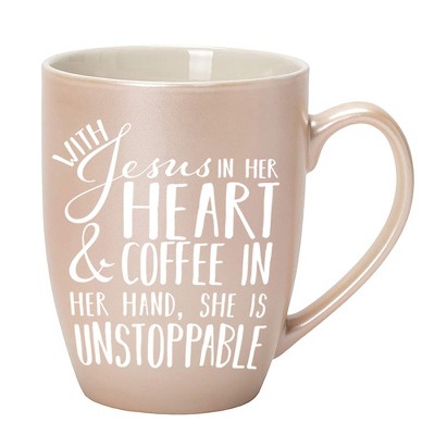 Elanze Designs Jesus Her Heart And Coffee She Is Unstop White and Precious Pearl 10 ounce New Bone China Coffee Cup Mug