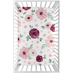Sweet Jojo Designs Girl Baby Fitted Mini Crib Sheet Watercolor Floral Burgundy Pink and Grey - 1 of 4