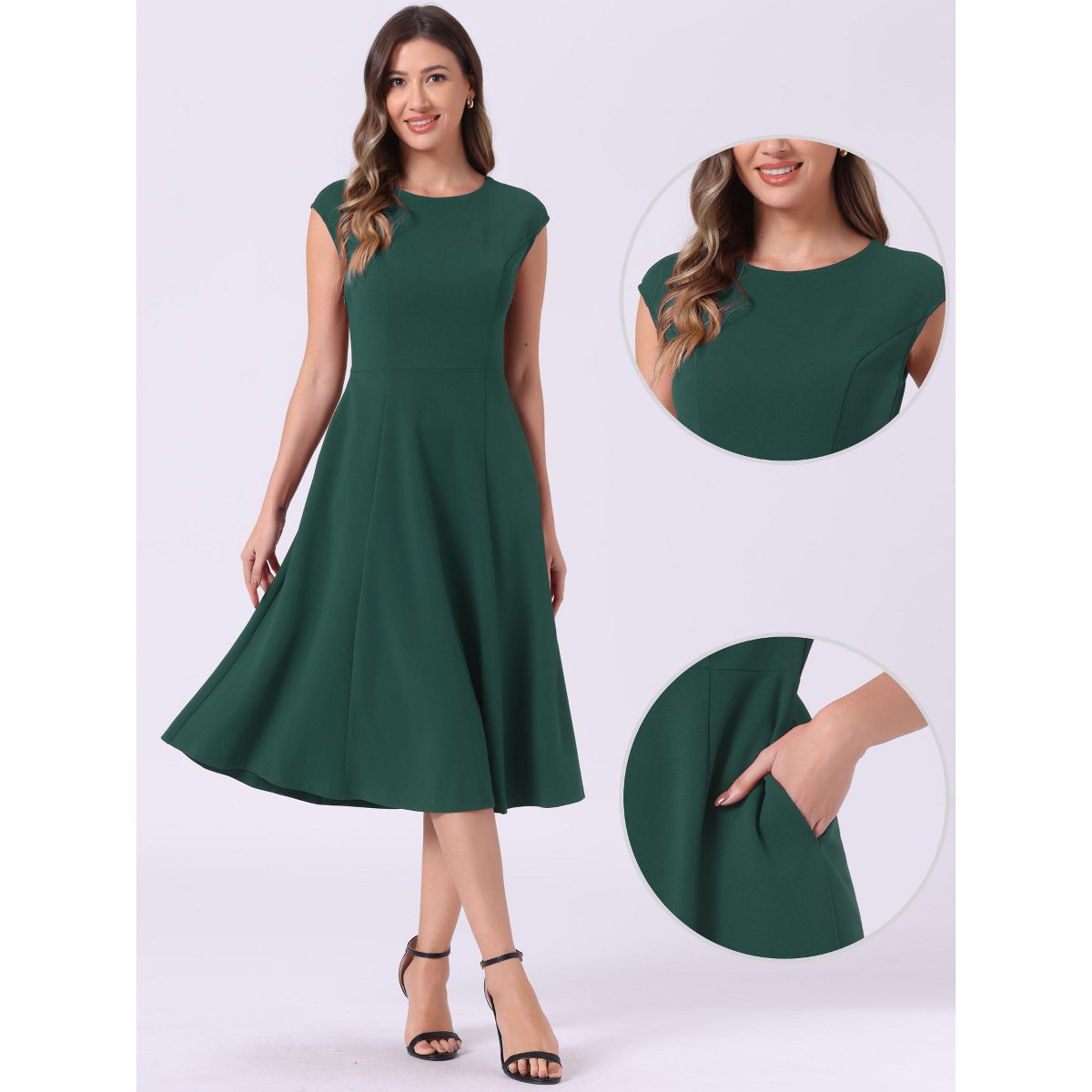 Женские платья INSPIRE CHIC Women's Sleeveless Elegant Cinched Waist Work Office A Line Dress Gray Green X-Small — фото 2