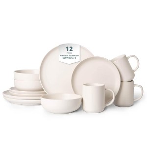 Rbied 12-Piece Stoneware Dinnerware Sets W/ Mugs, Microwave & Dishwasher Safe, Non-Toxic Dinner Plates Bowls Set, Matte Glaze Kitchenware for 3 - 1 of 4