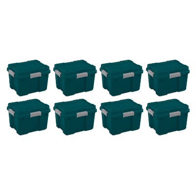 Sterilite 20 Gallon Heavy Duty Plastic Gasket Tote Stackable Storage Container Box with Lid & Latches for Home Organization, Teal Rain/Gray (8 Pack)