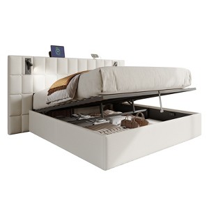 AMERLIFE Upholstered Bed Frame with Widened Headboard,Lift-Up Storage Bed and Built-in Light, Velvet - 1 of 4