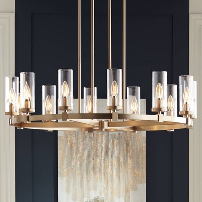 Aron 40" Brass Wagon Wheel Chandelier with Clear Glass Shades