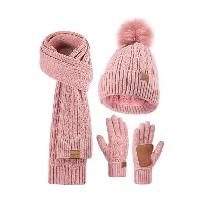 Fisfet Winter Beanie Hat Scarf Gloves Set for Women, Pom Pom Beanie Fleece Lined Knit Neck Warmer Touchscreen Gloves 3 in 1 Gift Set