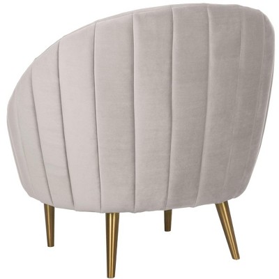 Transitional Pale Taupe Velvet Barrel Arm Chair with Wood Accents