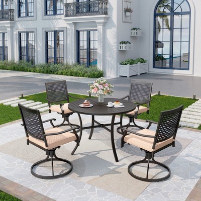 Captiva Designs 5pc Patio Dining Steel Set with Slat-top Round Table & Metal Chairs with Stylish Back