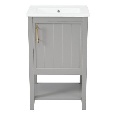 Phiestina 20" Grey Bathroom Vanity with Sink, Soft Close Door, Storage Rack & Open Shelf