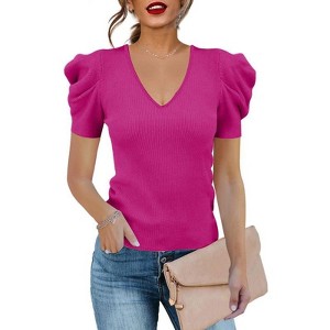 Coolmee Women's Puff Short Sleeve Sweater Spring Summer Tops Business Casual Outfits Work Blouses Clothes - 1 of 3
