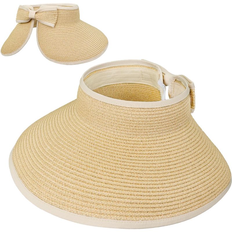 SUN CUBE Womens Sun Visor Hat, Beach Straw Roll Up Ponytail Hat, Wide Brim Sun Hat for Summer UV Protection Foldable (Beige)