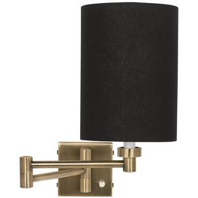 Barnes and Ivy Modern Swing Arm Wall Lamp Dark Antique Brass Plug-In Light Fixture Black Linen Cylinder Shade for Bedroom Bedside