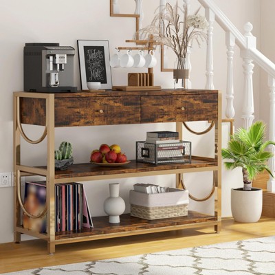 Golden U-Shaped Console Table - Ottoman Style Entryway Bench with Damascus Steel Accents