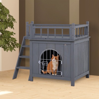 Gray Wooden 2-Level Outdoor Cat House with Balcony