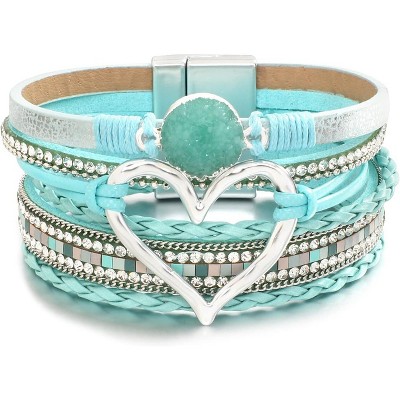 Leather Wrap Bracelet with Heart-Shape Decor & Crystal Beads, Bohemian Cuff Bangle for Women & Girls