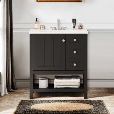 NicBex 30" Bathroom Vanity with Resin Sink, Bathroom Cabinet Storage with 1 Spacious Cabinet, 2 Drawers, and 1 Open Shelf for Bathroom, Black