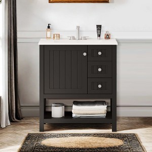 NicBex 30" Bathroom Vanity with Resin Sink, Bathroom Cabinet Storage with 1 Spacious Cabinet, 2 Drawers, and 1 Open Shelf for Bathroom, Black - 1 of 4
