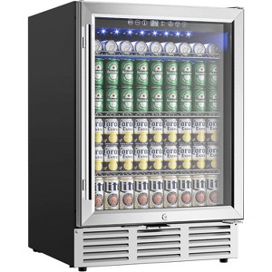 EUHOMY 24" Under Counter 180 Cans Single Zone Bottle Cooler in Stainless Steel, Glass Door - 1 of 4