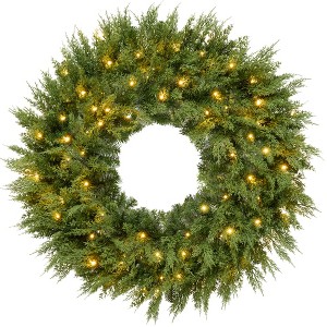 Pre-Lit Cedar Cypress Christmas Wreath w/ Twinkling LEDs,  Realistic Large Indoor/Outdoor Holiday Decor, Plug-In - 1 of 4