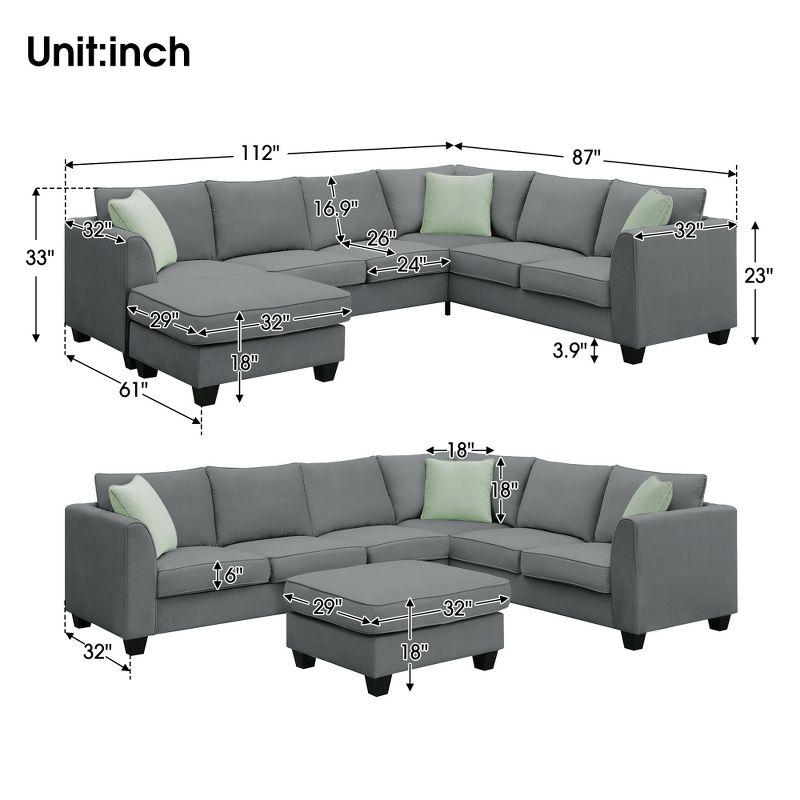 Modular Sectional Sofa 7 Seats with Ottoman L Shape Fabric Sofa Corner Couch Set with 3 Pillows-ModernLuxe, 3 of 12